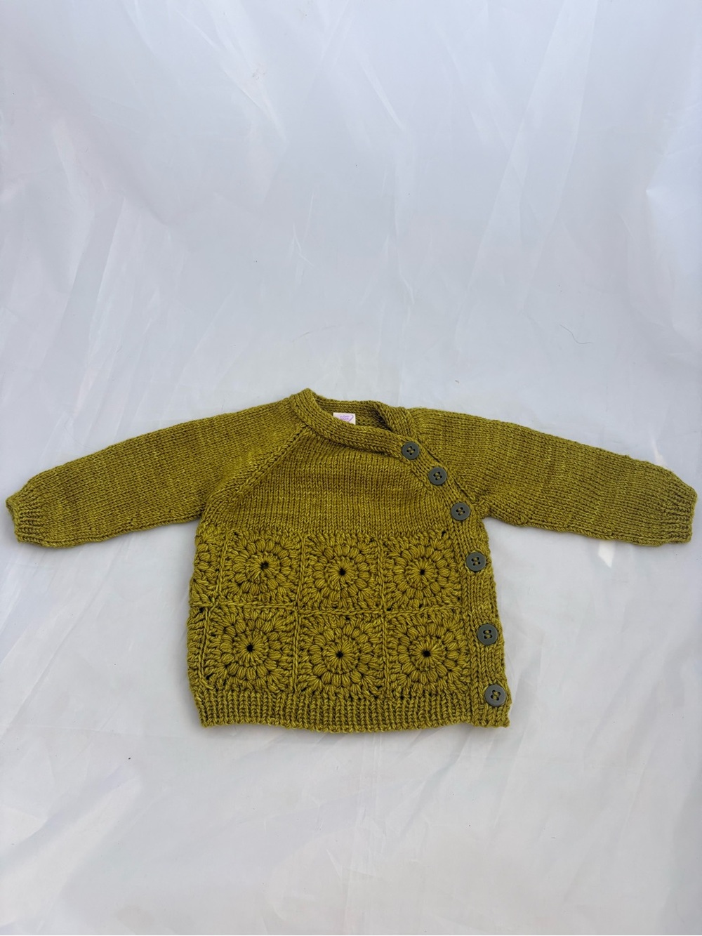 Handmade Olive Green Knit Button-Down Raglan Knit and Crochet Baby Sweater